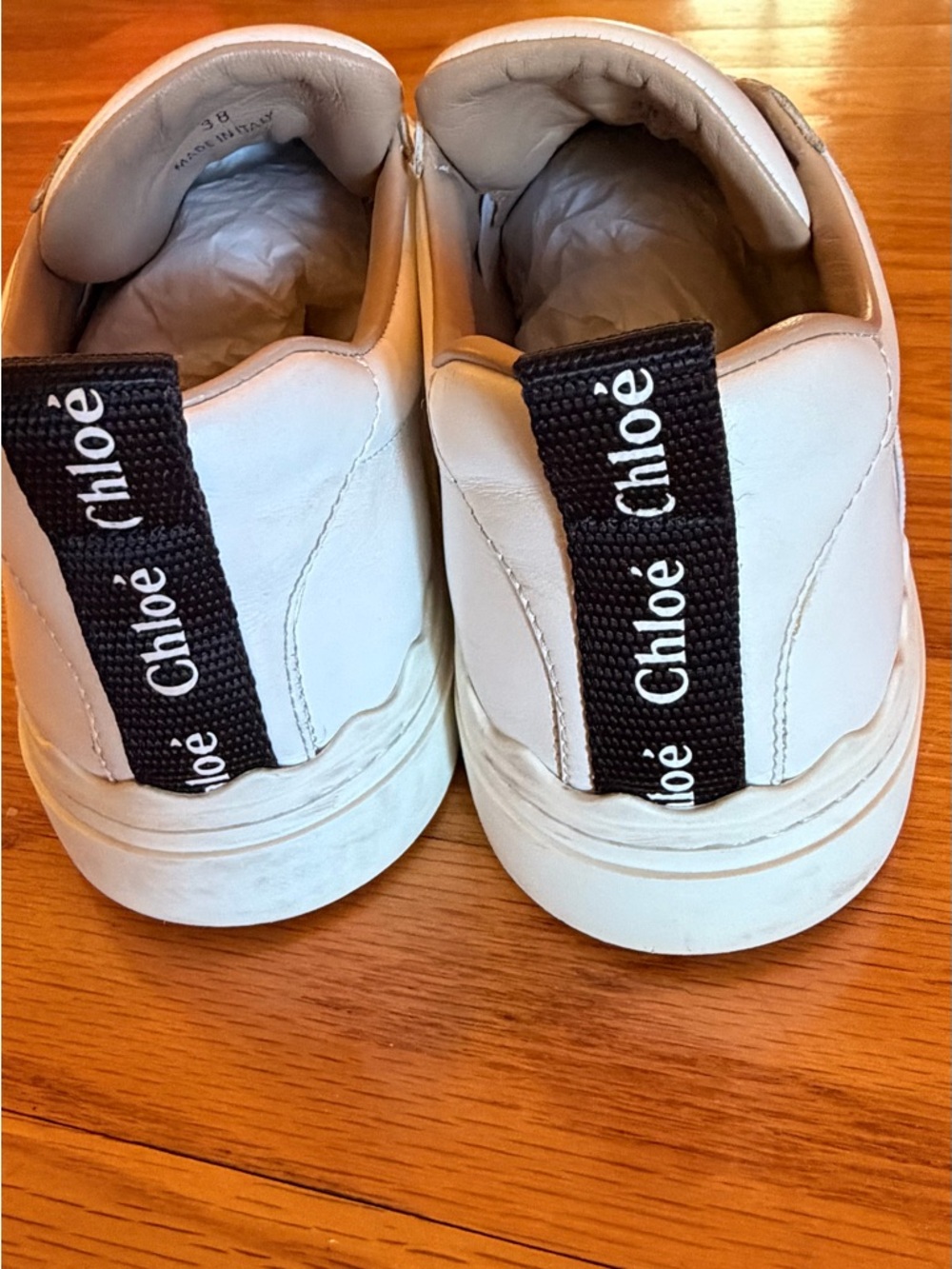 CHLOÉ 38 White Leather Slip-On Sneakers with Black Heel Tab